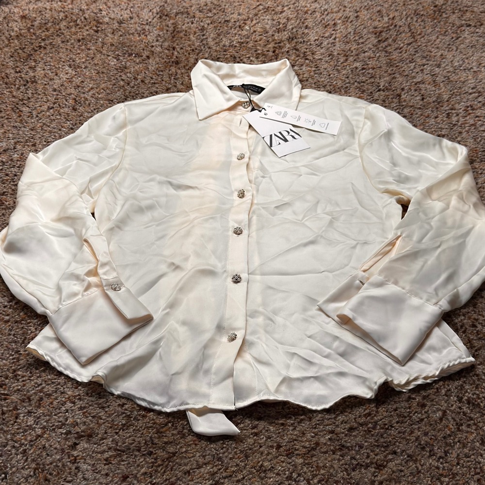 Zara Womens Satin Blouse Cream Jewel Pearl Button Back Tie 7969/234 Small NWT